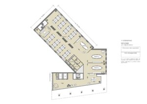 Plattegrond van de eerste verdieping van een kantoorpand aan de Johan Cruijff Boulevard met werkplekken, vergaderruimtes en sanitaire voorzieningen.